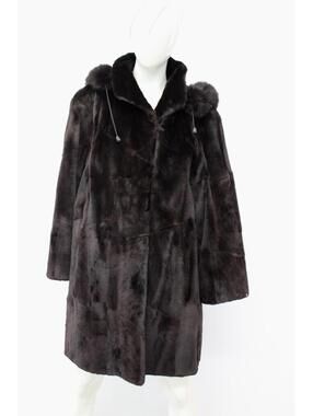 Excellent Brown Sheared Muskrat & Fox Fur Coat Jacket Women Woman Size 10-12